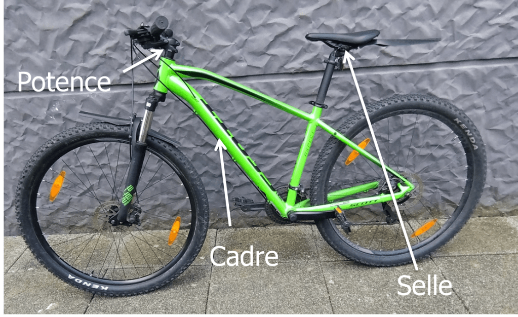 Indication des éléments modifiables sur un vélo : potence, cadre, selle.