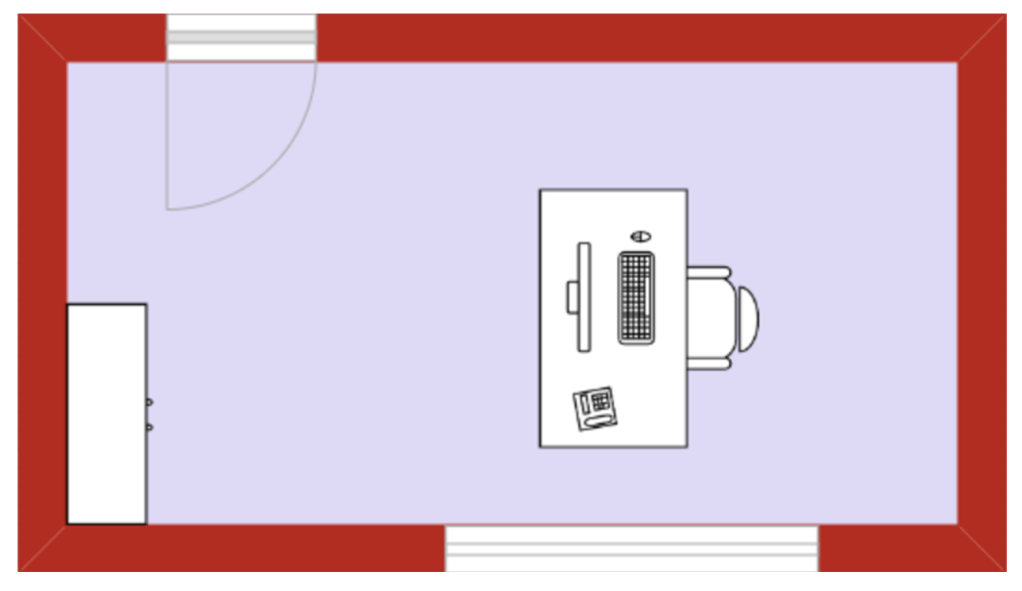 Schéma qui montre le positionnement du bureau dans une pièce par rapport aux fenêtres. Il doit être perpendiculaire à la lumière directe.