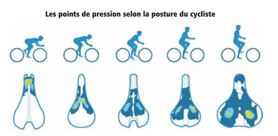 Les points de pression des fesses sur une selle de vélo suivant les types de vélo.