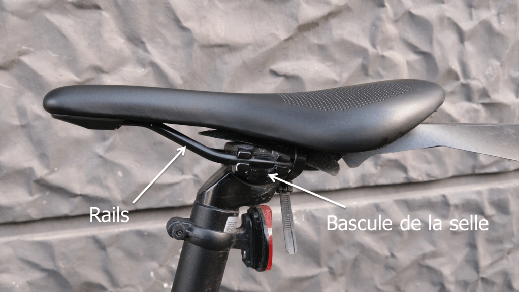 Indications des éléments adaptable sur une selle : rails et pièce permettant la bascule de la selle.